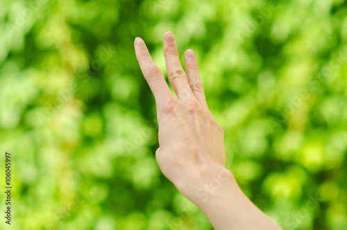 Spring and nature theme: man's hand showing gesture on a background of green grass in the spring, first-person view © Parad St