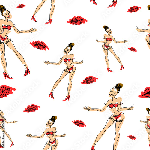 Cute flirty girls with lips seamless pattern. Background, texture, textile. Vector illustration 