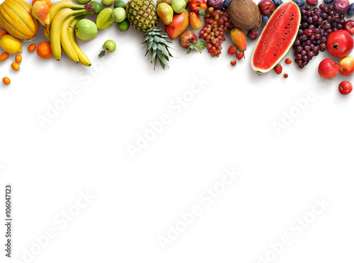 Healthy fruits background. Studio photo of different fruits isolated white background. High resolution product. Copy space