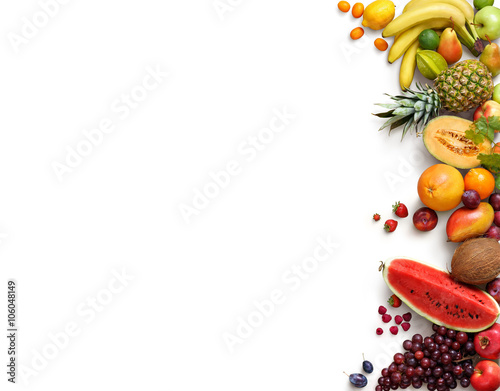 Fototapeta Naklejka Na Ścianę i Meble -  Healthy fruits background. Studio photo of different fruits isolated white background. High resolution product. Copy space