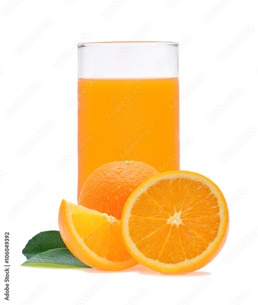 Orange juice and slices of orange isolated on white Orange juice and slices of orange isolated on white