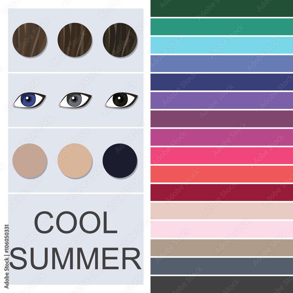 Vettoriale Stock Stock vector seasonal color analysis palette for cool  summer type. Type of female appearance | Adobe Stock