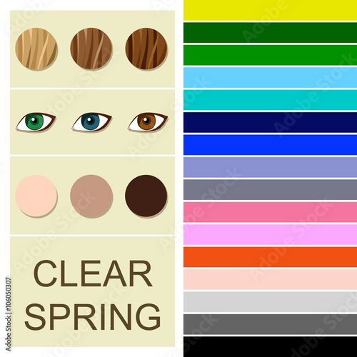 Stock vector seasonal color analysis palette for clear spring type. Type of female appearance