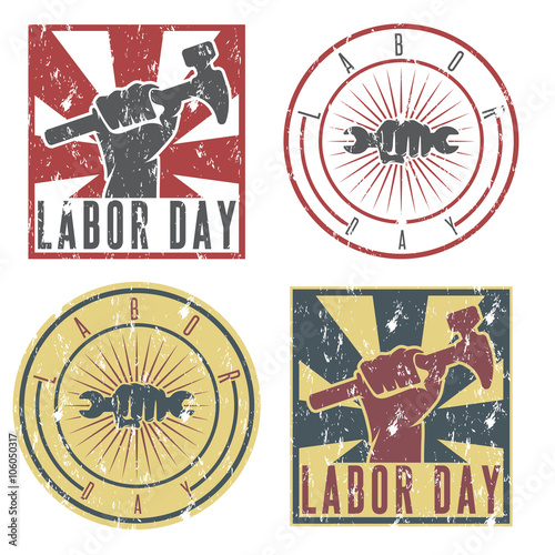 Labor Day labels with the hand of worker holding the wrench and
