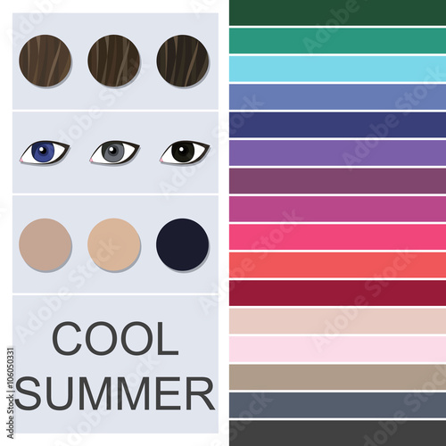 Stock vector seasonal color analysis palette for cool summer type. Type of female appearance