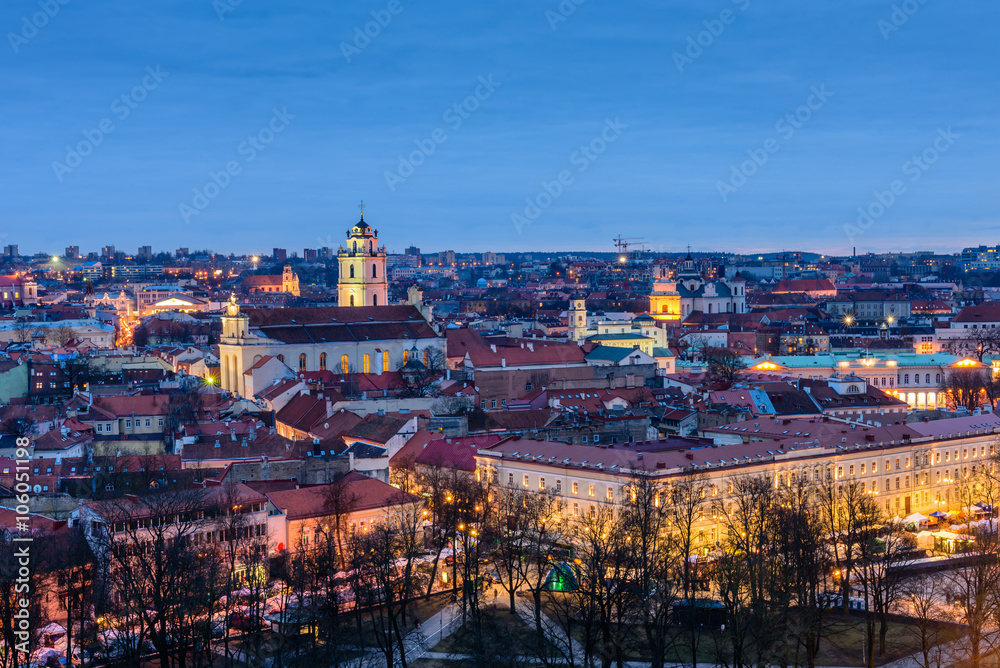Night view from Tower Of Gediminas, beautiful cityscape of Vilnius, Lithuania.
