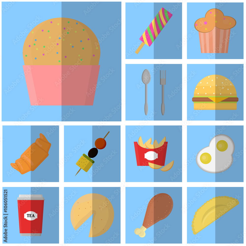 Icons blue flat fast food. simple vector icon with shadow food and drink. Icon pink cupcake