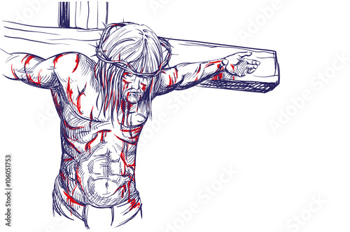Jesus Christ, the Son of God in a crown of thorns on his head, a symbol of Christianity hand drawn vector llustration realistic sketch