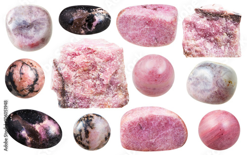set of rhodonite stones and polished gemstones photo