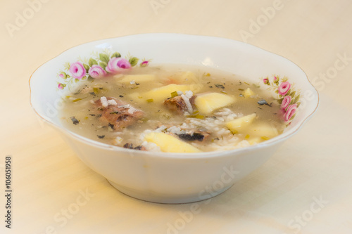 Russian fish soup with Pacific saury (Cololabis saira) - seafood in Russian Far Eastern Cuisine