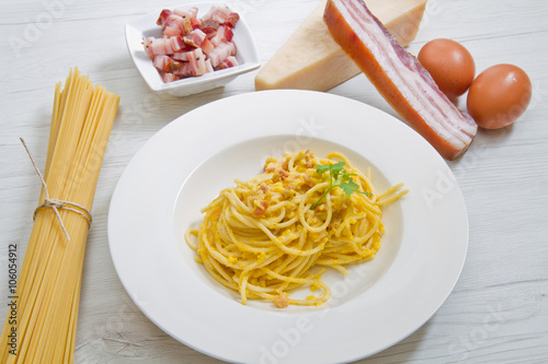 dish with carbonara's spaghetti and ingredients