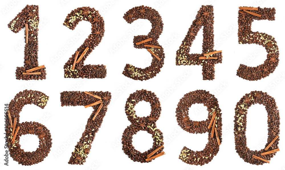 collage digits from coffee beans and species isolated on white background collage digits from coffee beans and species isolated on white background