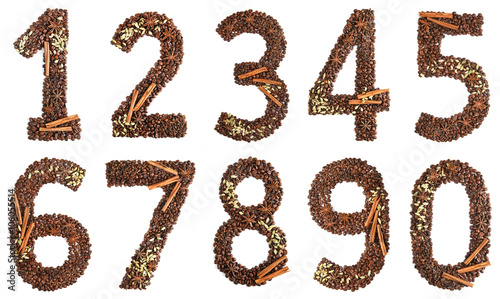 collage digits from coffee beans and species isolated on white background