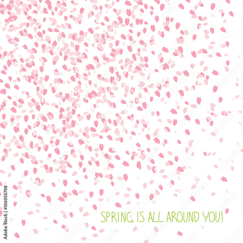 'Spring is all around you!' card. Cherry petals. Sakura blossom. Scattering of tiny pink petals. Floral background with copy space. Hanami. Japanese Culture. Cherry blossom viewing.