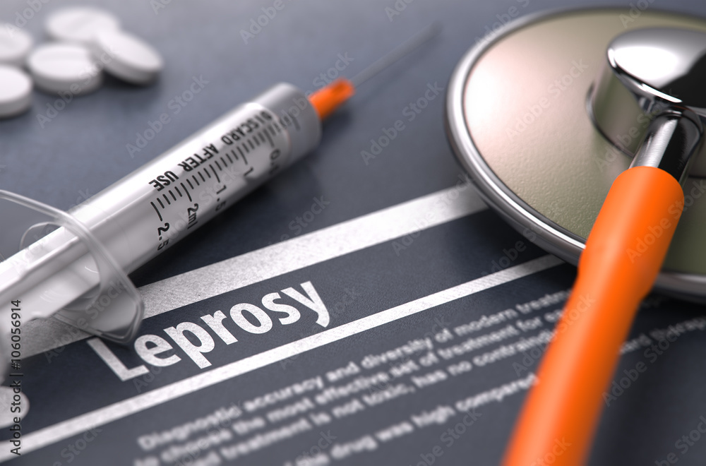 Leprosy - Printed Diagnosis with Blurred Text on Grey Background and Medical Composition - Stethoscope, Pills and Syringe. Medical Concept. 3D Render. Leprosy - Printed Diagnosis with Blurred Text on Grey Background and Medical Composition - Stethoscope, Pills and Syringe. Medical Concept. 3D Render.