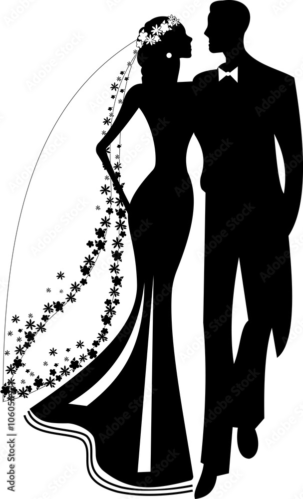 Vector Black And White Silhouette Of A Couple In Love Girl And Boy Bride Stock Vector Adobe Stock