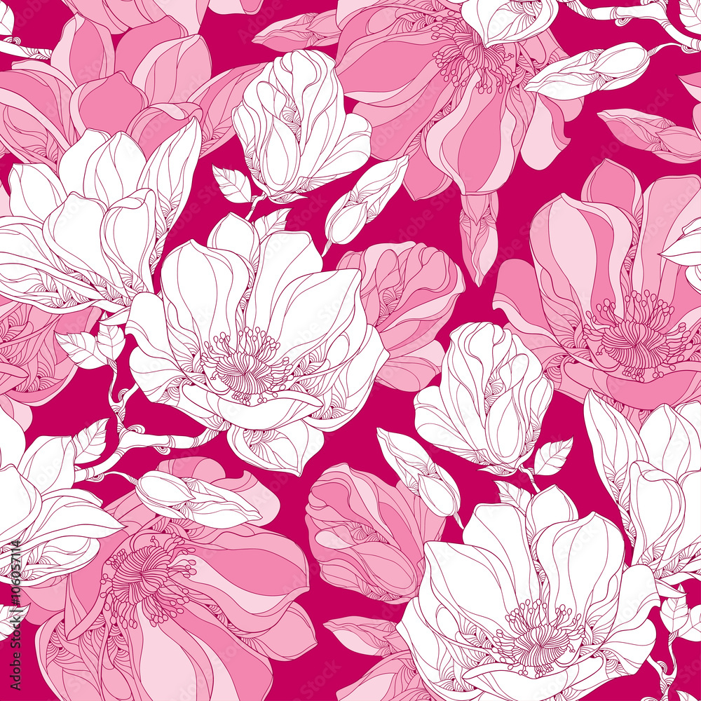 Obraz premium Seamless pattern with ornate magnolia flower, buds and leaves in white on the pink background. Floral background in contour style.