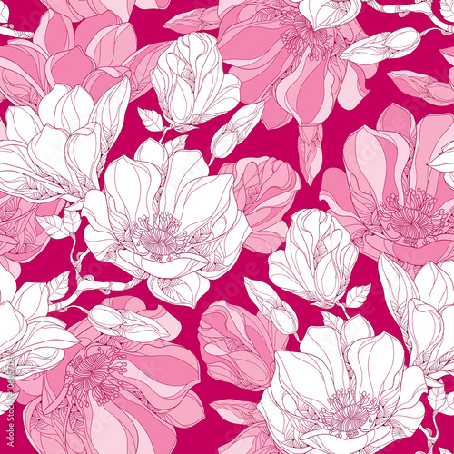 Seamless pattern with ornate magnolia flower, buds and leaves in white on the pink background. Floral background in contour style.