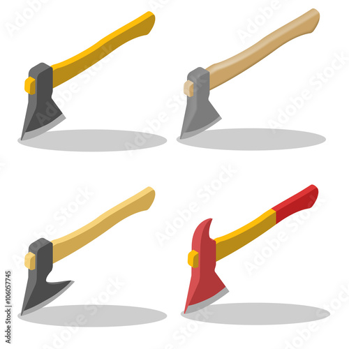 Vector set axe isometric. Isolated axes icons. Fire axe icon. Set hatchet. Different axes set.