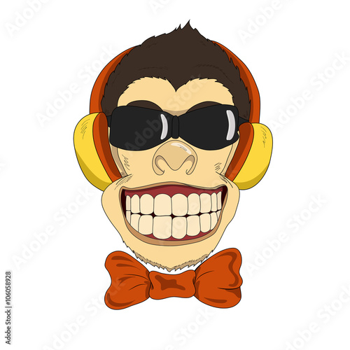 Fotografija Funny cartoon monkey with headphones and bow-tie.