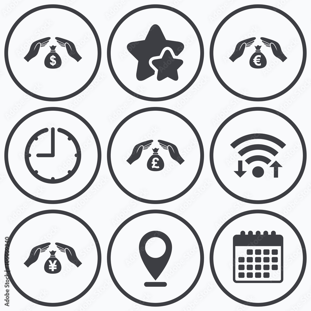 Hands insurance icons. Money savings signs. Hands insurance icons. Money savings signs.