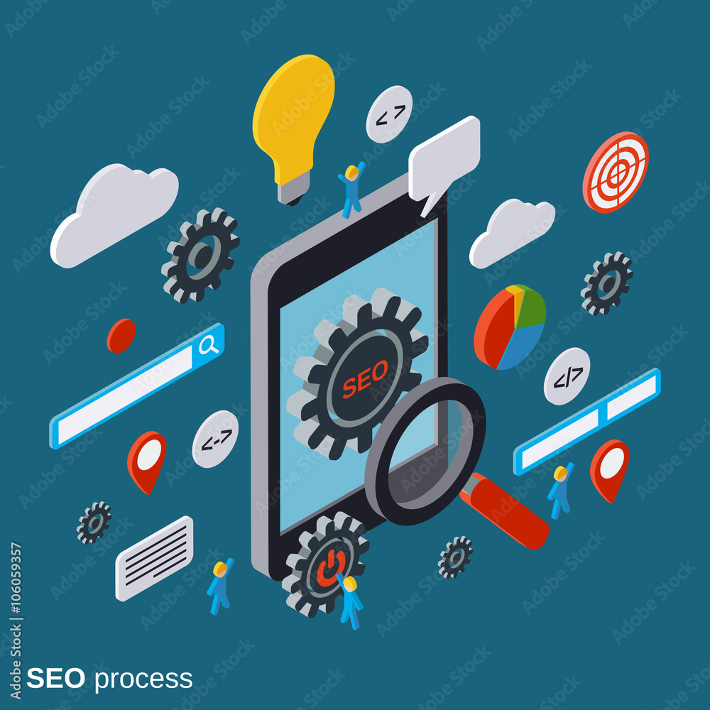 Mobile SEO optimization flat 3d isometric vector concept