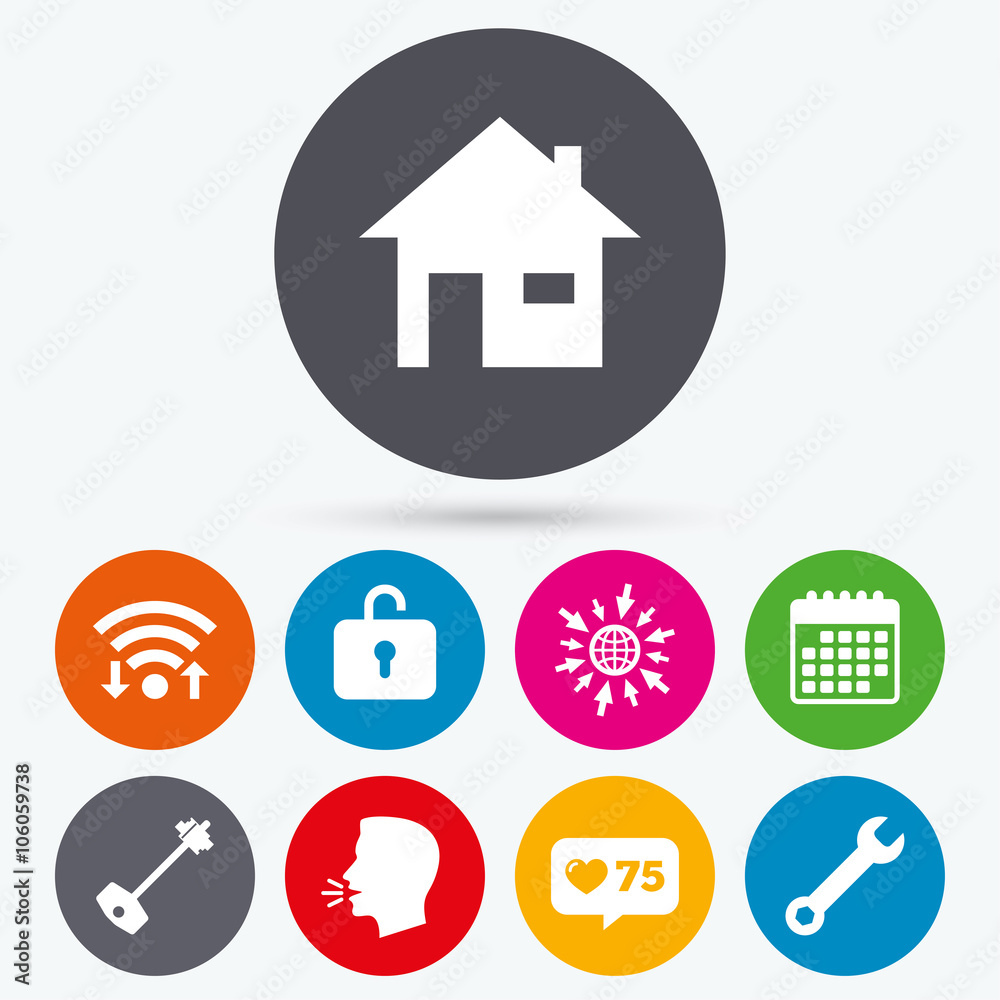 Home key icon. Wrench service tool symbol. Home key icon. Wrench service tool symbol.