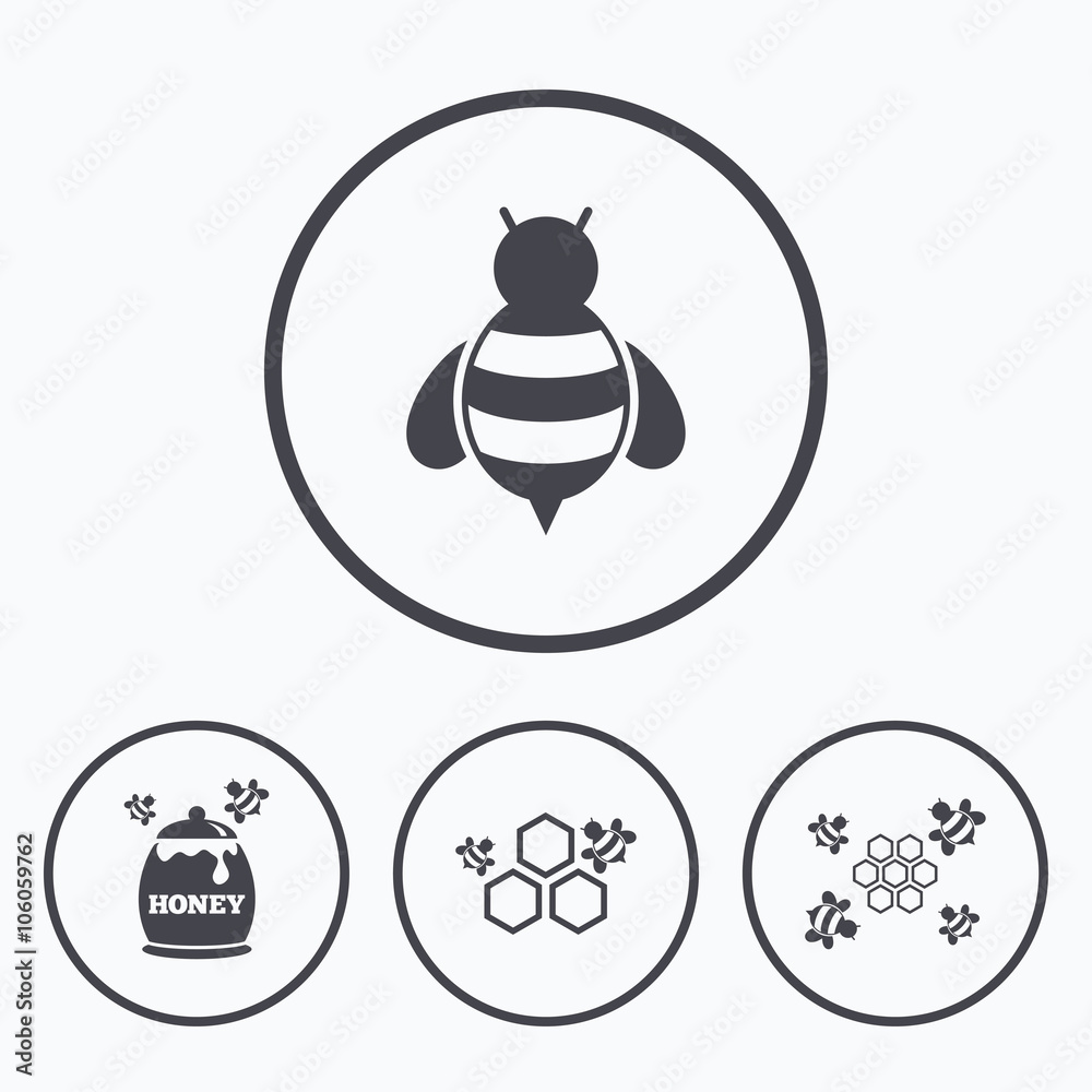 Honey icon. Honeycomb cells with bees symbol. Honey icon. Honeycomb cells with bees symbol.