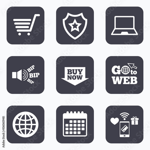 Online shopping icons. Notebook pc, cart, buy.