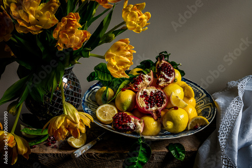 Tulips and fruit in a Wanli Kraak porcelain charger