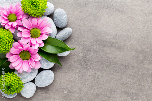 Spa stones and flowers on grey background.