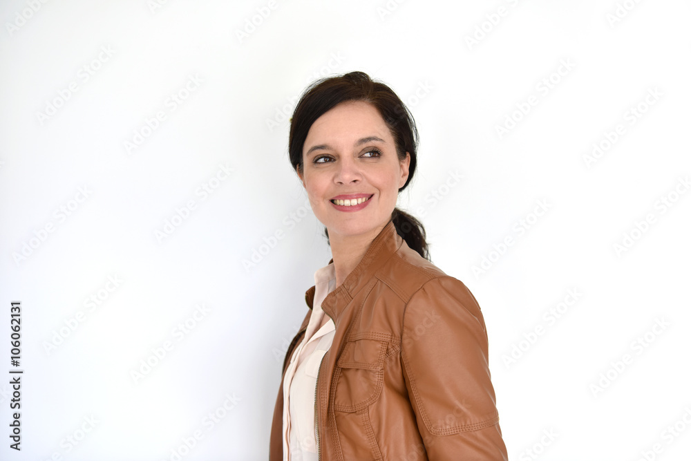 Smiling attractive brunette woman on white background Smiling attractive brunette woman on white background