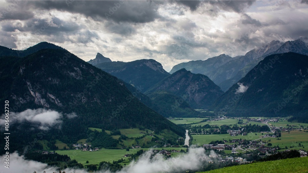 View from Haus Loderbichl on Austrian Alps adn Lofer city 4k timelapse