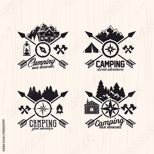 Summer camp badges logos and labels for any use, on wooden background texture