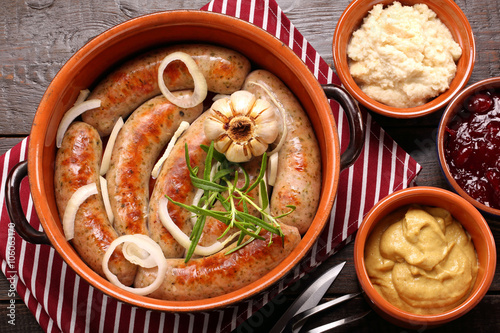 White sausages baked in a bowl