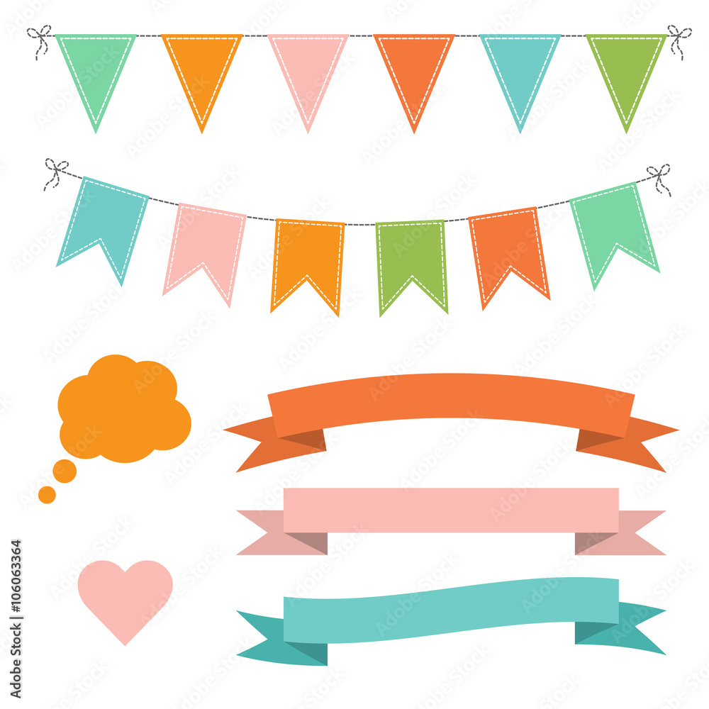 Set of multicolored flat buntings garlands, ribbons and speech bubble