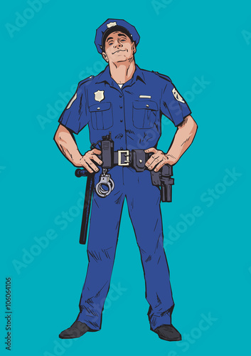Smug policeman stands upright. Blue uniform