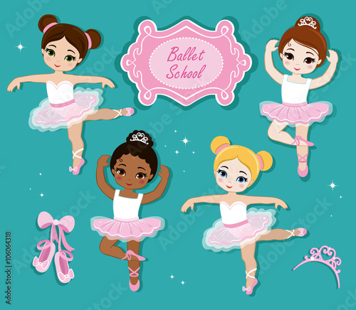 Vector illustration of cute little ballerinas.  Ballet Slippers. Clip art cute characters, pink tutus, ballet shoes.