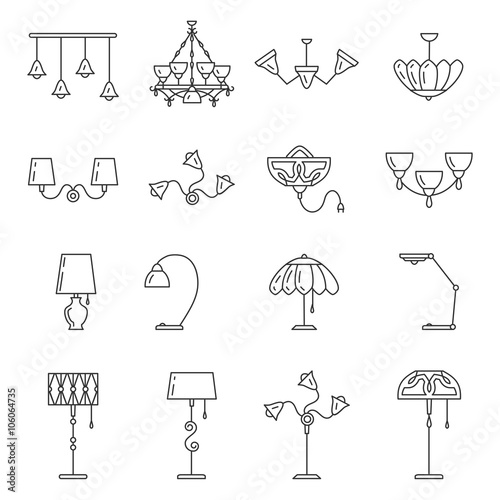 Outline lamp icon set, thin line style, flat design. Lamp vector illustration: wall lamp, desk lamp, floor lamp, chandelier, decorate lamp