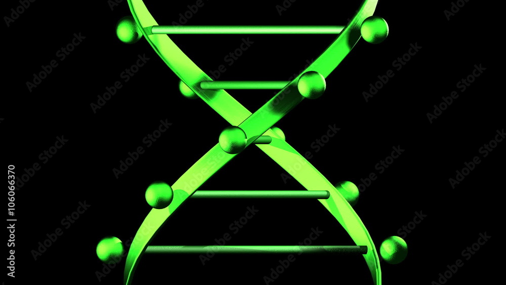 A spiraling green 3D DNA helix strand close-up on black.