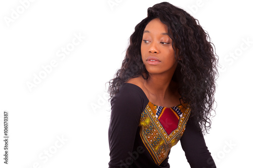 Beautiful African American woman with curly hairs isolated on wh