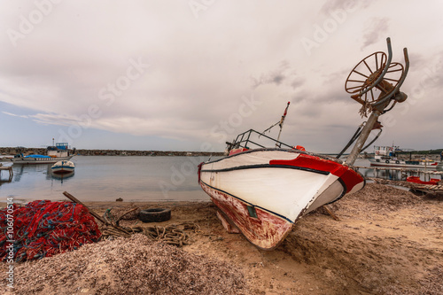 Fototapeta Naklejka Na Ścianę i Meble -  Boat on Beach Near Troy in Turkey