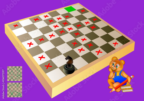 Logic puzzle with labyrinth - need to find way for chess knight till the blue square. Forbidden to step on the red crosses. Vector image.