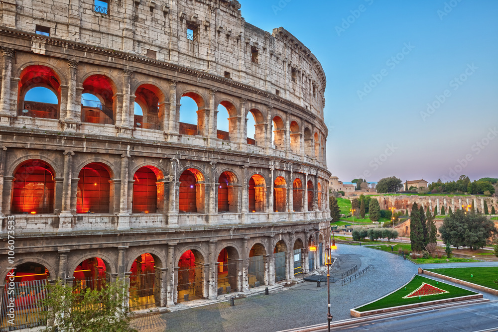 Colosseum at dusk in Rome, Italy