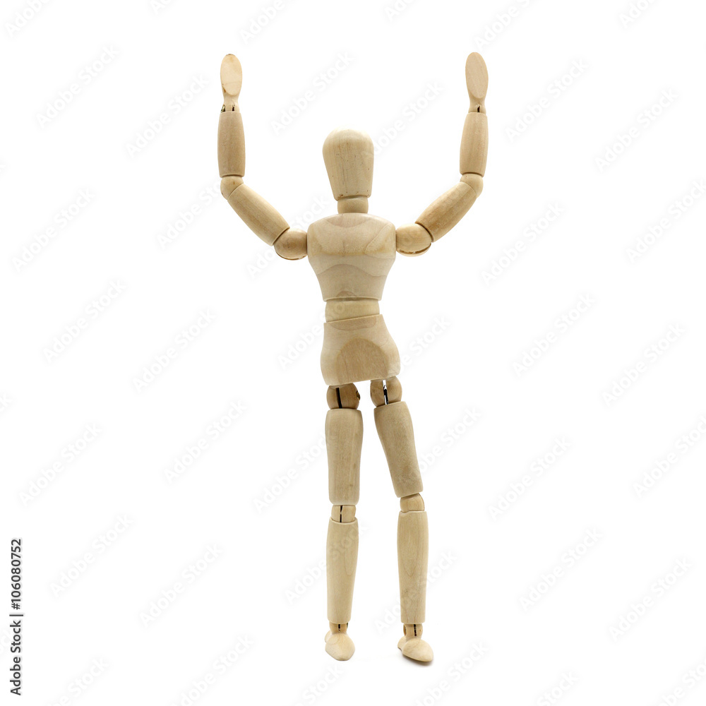 Wooden men figure hand up, extend arms on isolate white background. Wooden men figure hand up, extend arms on isolate white background.