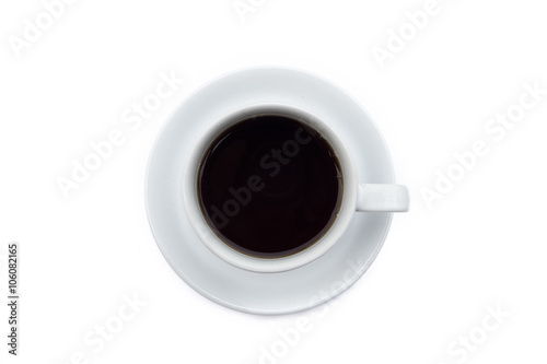coffee cup with black coffee on white background, top view
