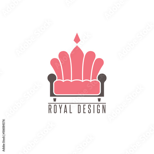 Furniture logo sofa, interior design creative mockup emblem shape crown, comfort divan icon