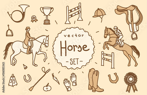 Horse equipment vector icon set line hand drawing template