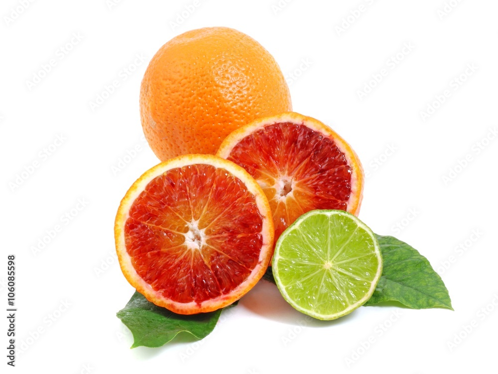 Citrus fruits isolated on white background. Citrus fruits - red orange and lime. Citrus fruits isolated on white background. Citrus fruits - red orange and lime.