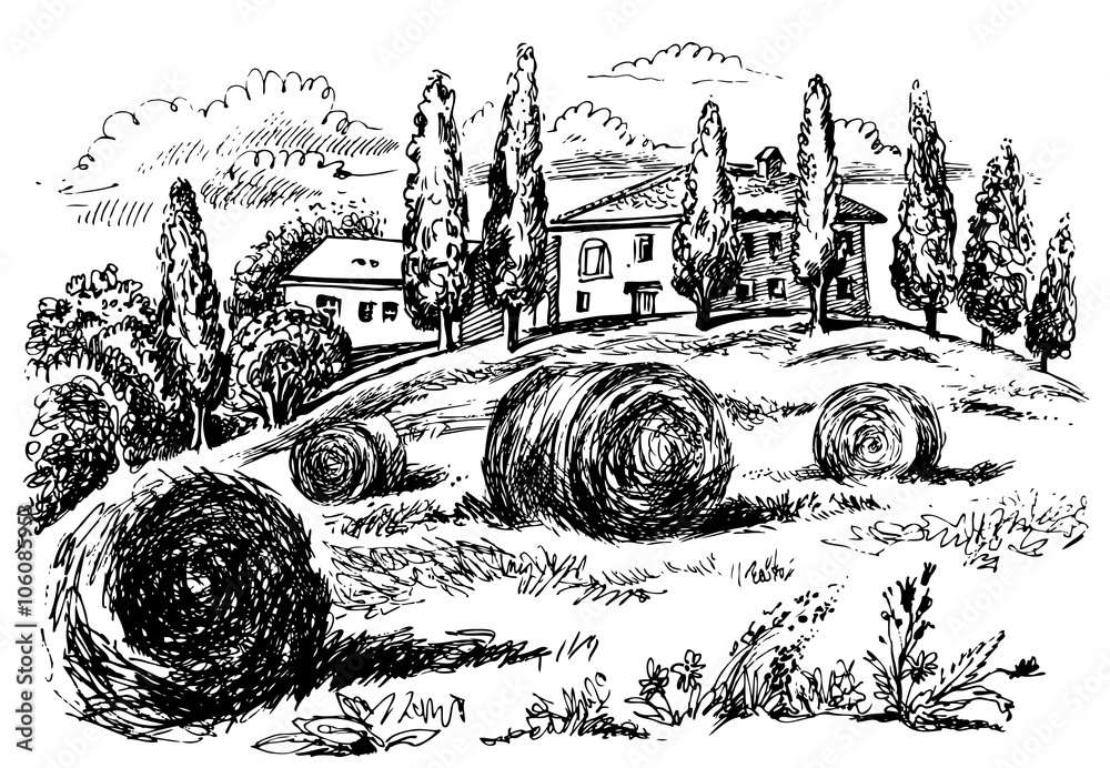 Tuscany landscape. Vector hand drawn illustration. 